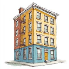 Hand Drawn Multistory Building Illustration Yellow And Blue Facade with Windows and Fire Escape