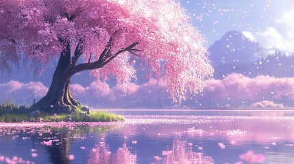 A soft-focus image featuring delicate cherry blossom branches adorned with pale pink flowers.