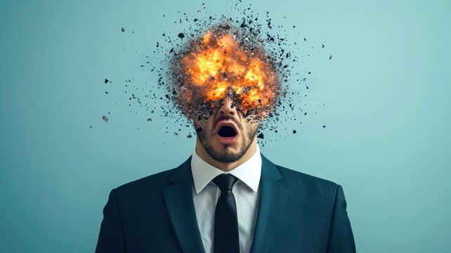A business man in a suit appears shocked, head exploding into fragments and flames, conveying a dramatic and surreal visual impact.