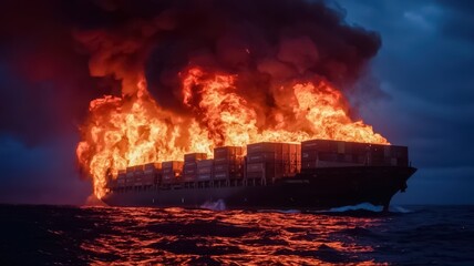 A cargo ship is engulfed in flames, creating a dramatic scene with thick smoke and bright fire against a dark ocean backdrop.