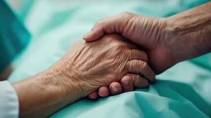 Two hands clasped together, symbolizing care, compassion, and support, set against a soft, medical backdrop.
