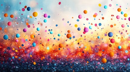 Colorful floating spheres against a vibrant abstract background with shimmering effects