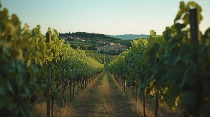 Naklejka premium Vineyard rows leading to a Tuscan farmhouse at sunset.