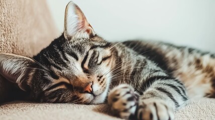 A cozy tabby cat peacefully sleeping on a soft surface, showcasing its adorable features and relaxed demeanor.