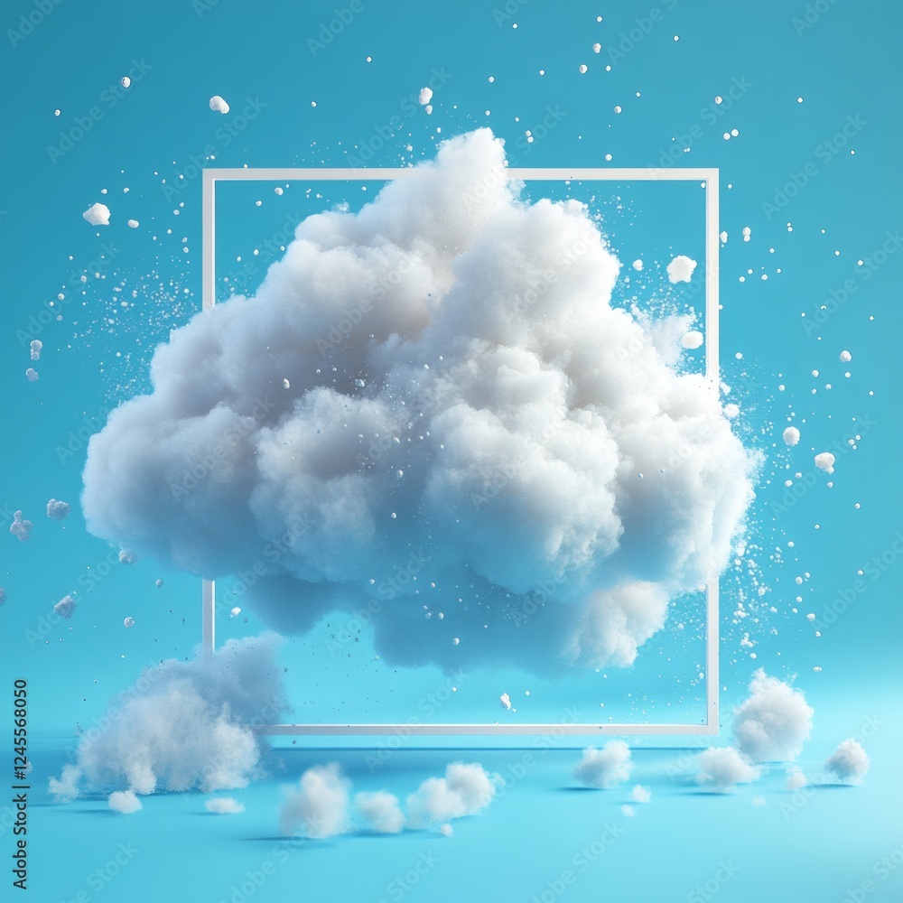 Poster 3d render of fluffy white cloud isolated on a vibrant blue background dust particles floating around
