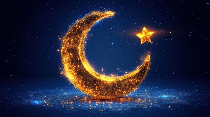 Fototapeta premium Glowing crescent moon and star on dark blue background.