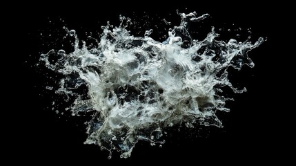 energetic water collision with dark void, turbulent fluid motion, explosive splash pattern, macro photography, silver liquid particles, chaotic water dance, artistic fluid composition, refined motion
