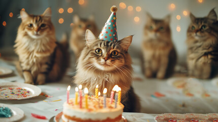 Happy Cats Celebrating a Birthday with Cake and little lights in background