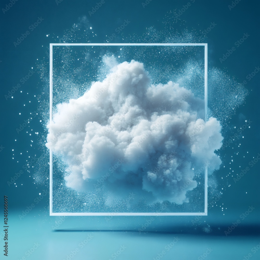 Poster 3d render of fluffy white cloud isolated on a vibrant blue background dust particles floating around
