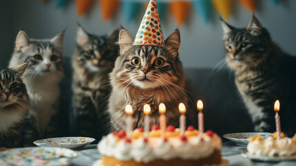 Group of Cats Enjoying a Fun Birthday Celebration with Cake
