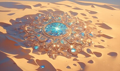 A jewel-adorned medallion glistens on windswept desert sands under a clear blue sky