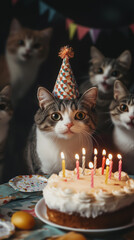 Feline Birthday Party with Cake and Party Hats