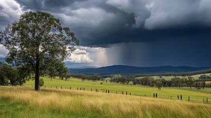 intense rainfall against stormy grey skies, dramatic weather photography, moody atmosphere, overcast clouds, natural lighting, photorealistic capture, high contrast storm clouds, environmental