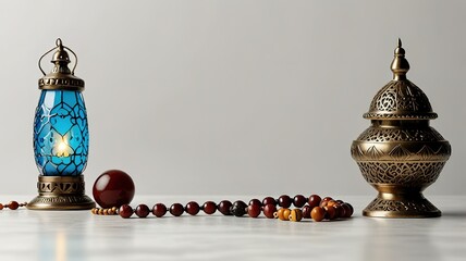 Muslim lamp, dates and prayer beads on table background.
