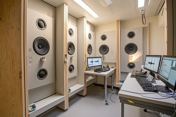 Bioacoustic research lab with advanced audio analysis tools and soundproof recording areas.