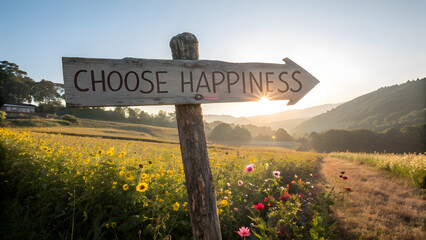 Wooden Sign "Choose Happiness" in a Sunlit Flower Field. Perfect for: Mental Health Awareness Day, Summer Retreats, Wellness Events
