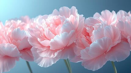 Delicate pink peonies arranged elegantly against a soft blue backdrop, evoking tranquility