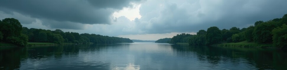 Dark grey clouds over a serene river with ripples on the water, trees, river