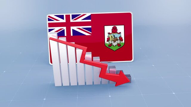 Bermuda country flag and bar chart graph showing decreasing values a red arrow economic crisis concept. Flag of The Bermuda
