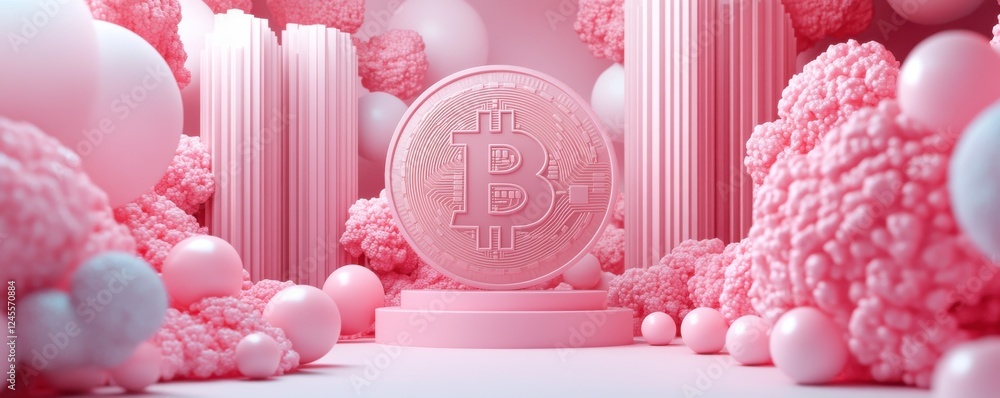 Poster a stylized pink scene featuring a large bitcoin coin surrounded by abstract shapes and columns, crea
