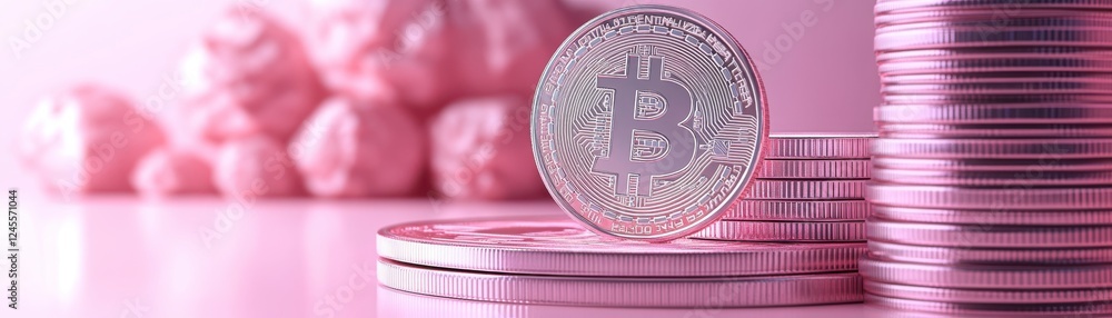 Poster a stack of shiny coins on a pink surface, with a single coin prominently displayed in the foreground