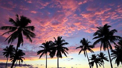 Obraz premium Coconut palm trees silhouetted against a vibrant and colorful sunset sky, peaceful, dusk, dusk