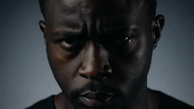Static moody shadow lighting video, close-up of a man with a wide-set nose expressing intense suspicion, dark gray background, his eyes narrow to slits as he scrutinizes something off-screen