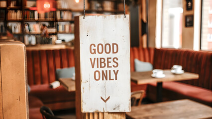 Wooden Sign "Good Vibes Only" in a Cozy Coffee Shop. Perfect for: Café Interiors, Wellness Spaces, Mindfulness Retreats
