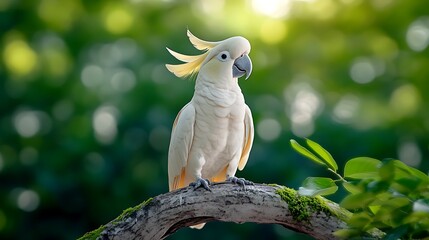 A vibrant white cockatoo perched on a moss-covered branch amidst a lush green background