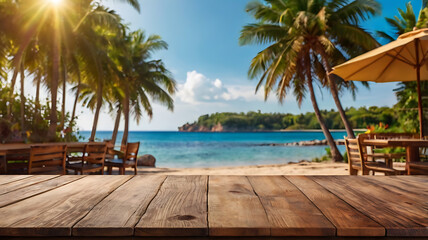 Fototapeta premium Tropical beach in the Maldives with palm trees, a wooden pier, and clear blue water