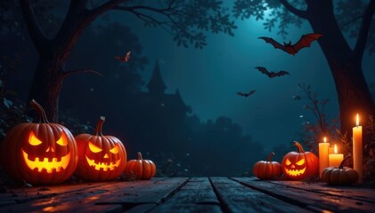 Fototapeta premium Darkened stage with glowing pumpkins candles and fluttering bats, Halloween, pumpkins, candles