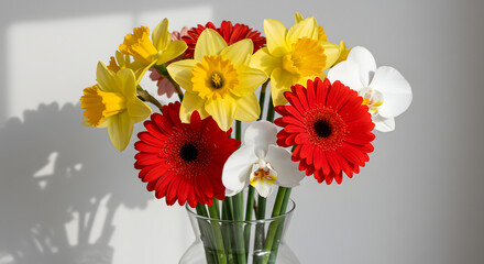 Fototapeta premium Colorful bouquet of red, yellow, and pink gerbera flowers in a vase