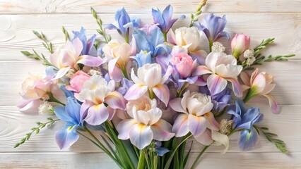 Pastel Irises and Delicate Blooms Arranged on a Rustic White Wooden Surface