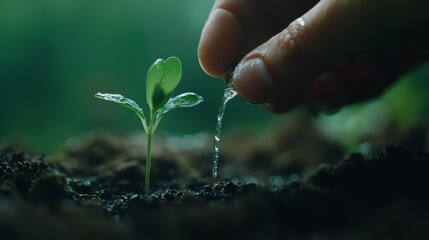 Fototapeta premium Detailed macro capture, human hand watering young sprout, pristine water drop, rich loamy soil texture, emerald green background blur, environmental documentary style
