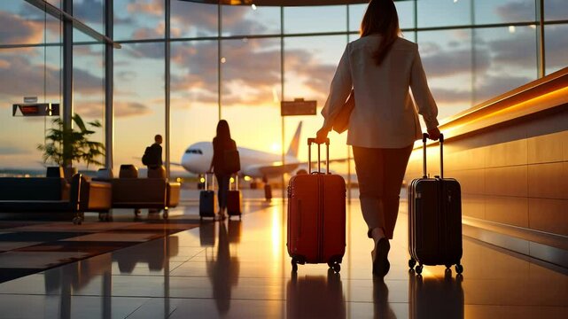 Passengers are walking on the airport terminal tarmac at sunset with an airplane taking off in the background travel video 4K
