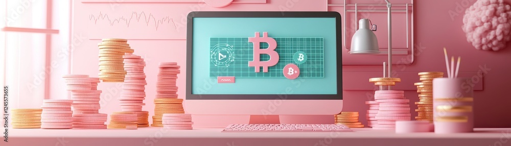 Aufkleber a bright, pastel-themed workspace featuring a computer displaying bitcoin stats, surrounded by stack