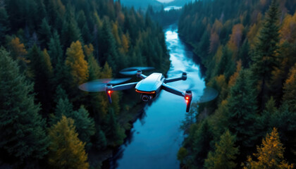 Drone Flight Over Serene River Valley at Dusk