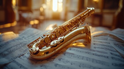 Fototapeta premium Golden saxophone rests on sheet music in sunlit room