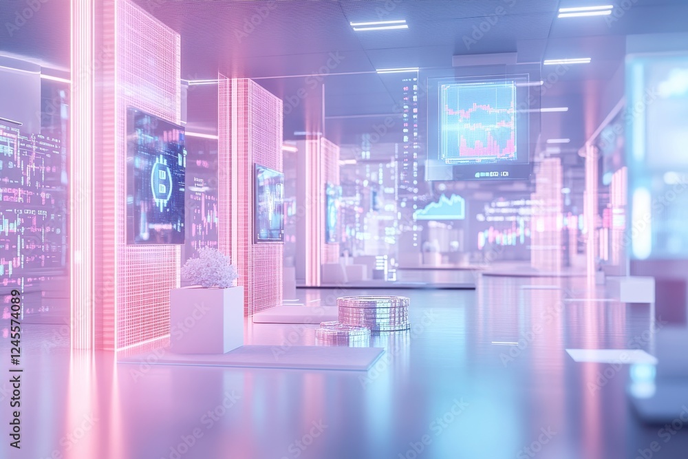 Poster a futuristic digital workspace featuring glowing screens and data visualizations, creating a high-te