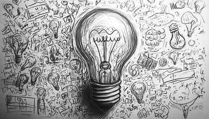 Handdrawn sketches of creative ideas in lightbulb outline, abstract background, modern artistic style, brainstorming concept
