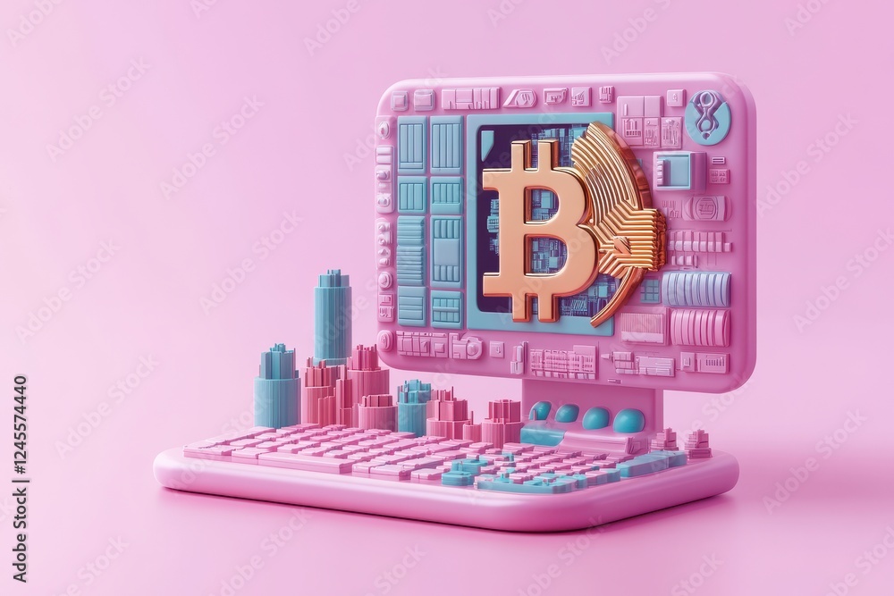 Poster a colorful 3d representation of a computer with a bitcoin symbol, set against a pink background, emp