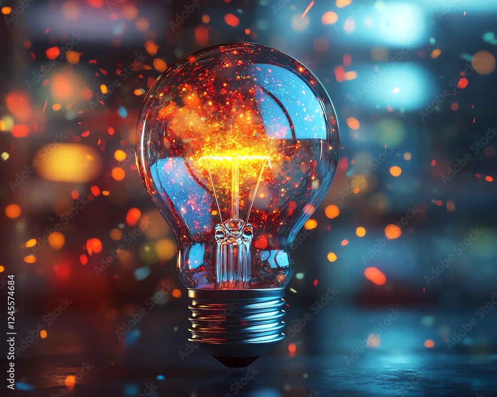 Poster 3d rendering of lightbulb filled with sketches of ideas and concepts on background, modern creative 