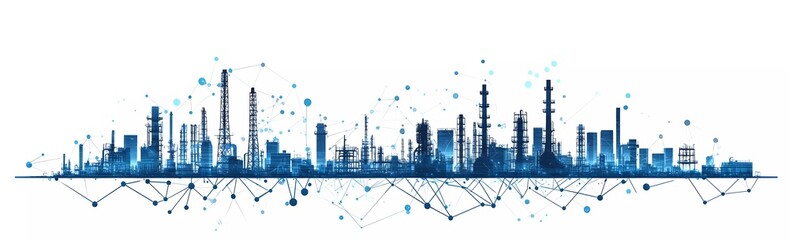 Silhouette of an industrial city with oil refineries and storage tanks on a white background, in a flat design vector illustration style.