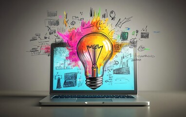 3D lightbulb with business sketches on laptop, creative innovation and brainstorming, modern solutions, highquality render
