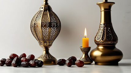 Muslim lamp, dates and prayer beads on table background.