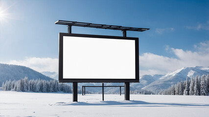Obraz premium Large Empty Billboard in Snowy Mountain Landscape Under Clear Blue Sky Background