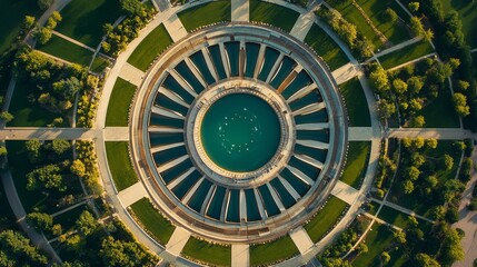 Aerial view of circular water treatment facility, geometric radial patterns, turquoise water pools, industrial architecture, structural steel beams, vibrant green surroundings, symmetrical design