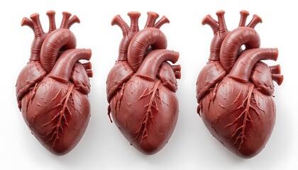 Three realistic anatomical models of human hearts, highly detailed 3D renders showing intricate blood vessels and chambers.