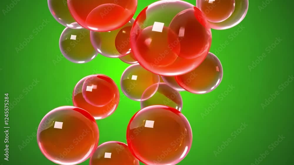 Poster floating spheres on green: abstract image of vibrant red and translucent spheres floating against a 
