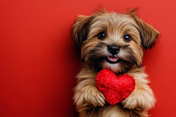 Tibetan terrier - my cherished dog. Ad graphic layout. Cute tibetan terrier doggy with fluffy red heart - sign of love, funny greeting card. Cute valentine's pet moments. Dog couple photos.
